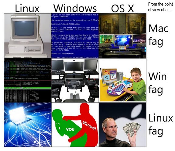 Linux/Windows/OS X from the POV of Mac/Win/Linux fag...